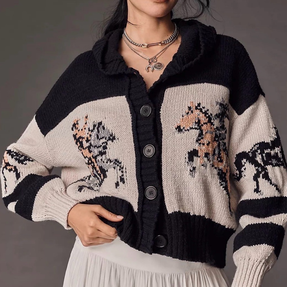 Anthropologie Black and Cream Horse Intarsia Button-Up Cardigan